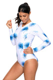 Blue Dandelion Print White Long Sleeve One Piece Swimsuit