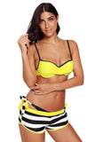 Yellow Wrinkled Bra Striped Bikini Bottom Swimsuit