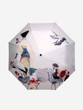 Ancient Lady with White Crane&Lotus Pattern Folding Umbrella