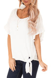 White Ruffled Sleeve Blouse with Front Knot Detail