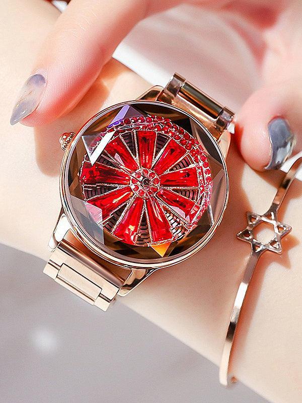Women's Watch Large turntable red diamond dial stainless steel elegant watch