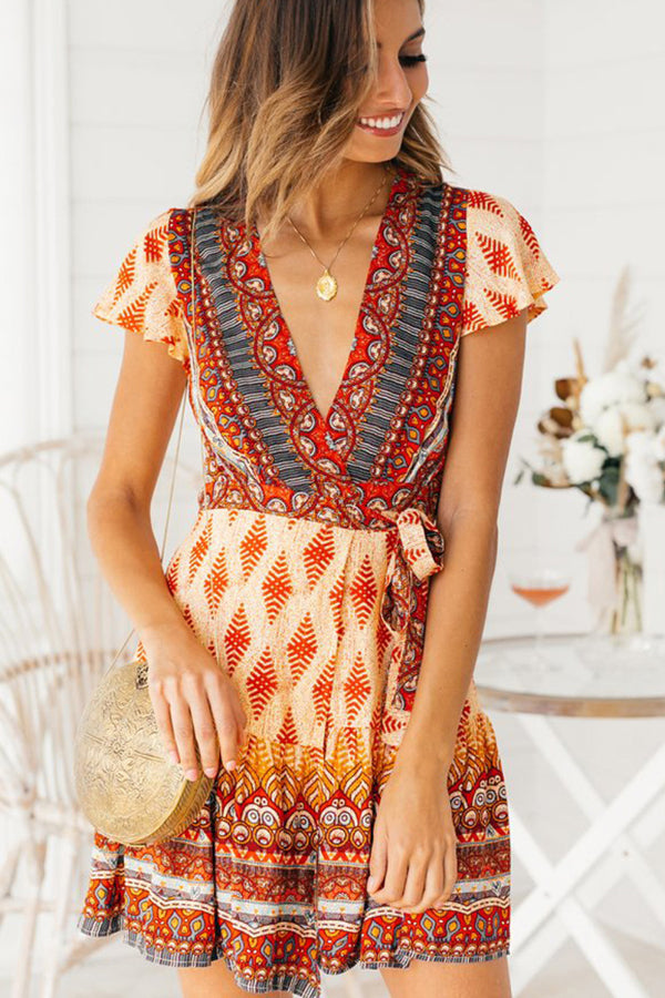Bohemian beach print V-collar dress
