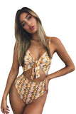 Yellow Flowery Cutout Tie Front Maillot Swimsuit