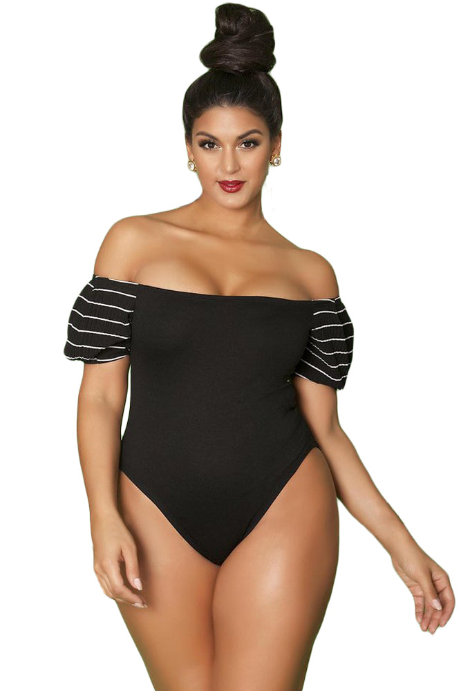 Black Plus Size Off The Shoulder Pleated Sleeves Bodysuit