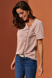 Pink Short Sleeve Button Detail Loose Fitting Chiffon Blouse