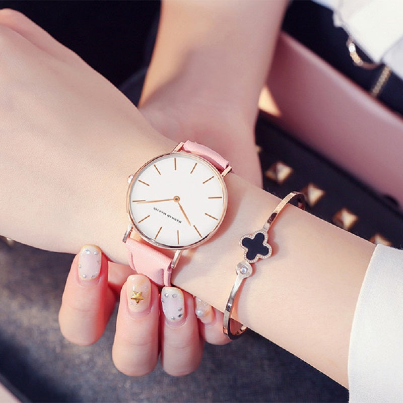 Simple White Dial Leather Strap Women's Watch