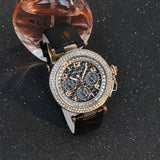 Round Rhinestone Leather Strap Women's Watch