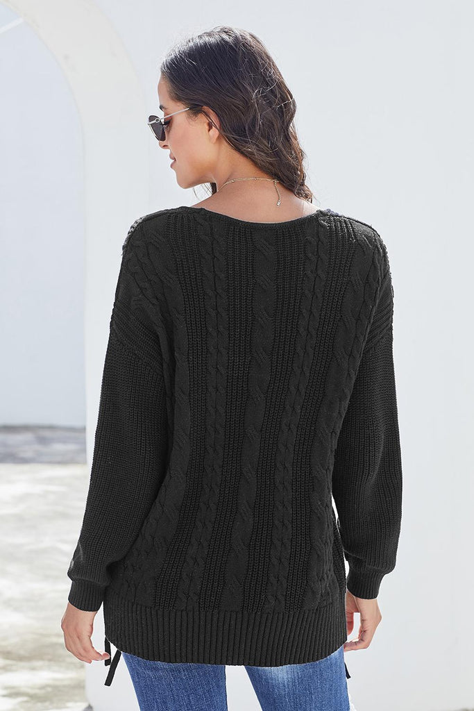 Black Love Letters Cable Knit Lace Up Sweater