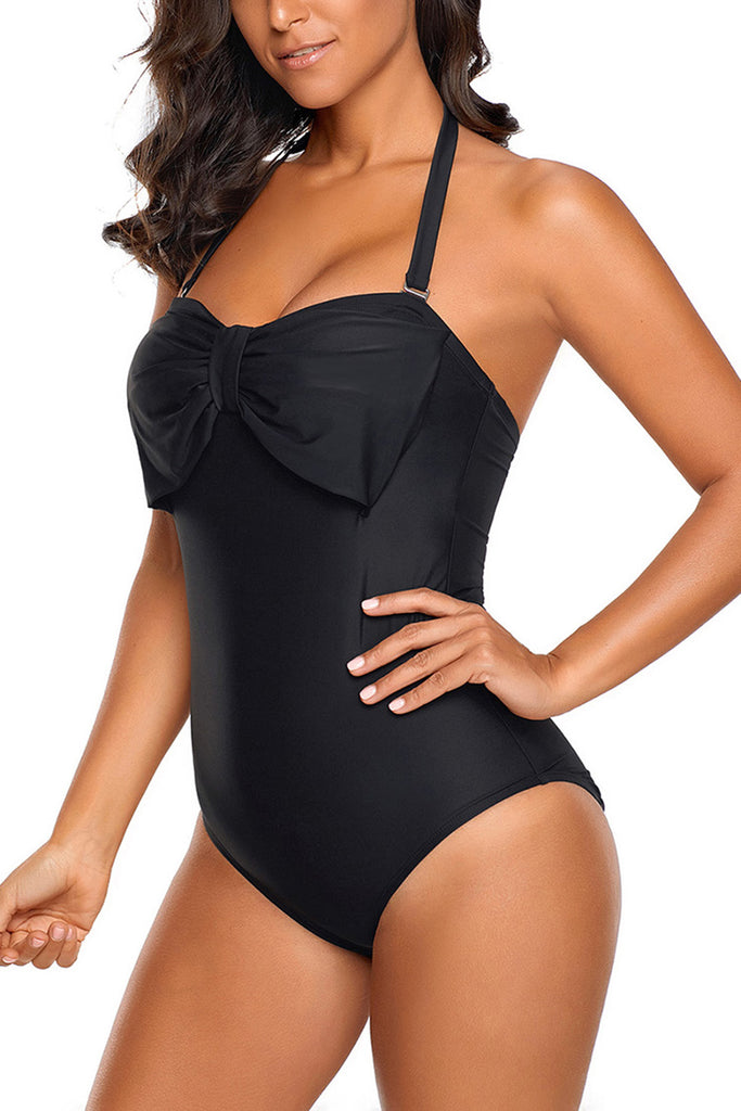 Black Big Bow Front Halter Maillot Swimsuit