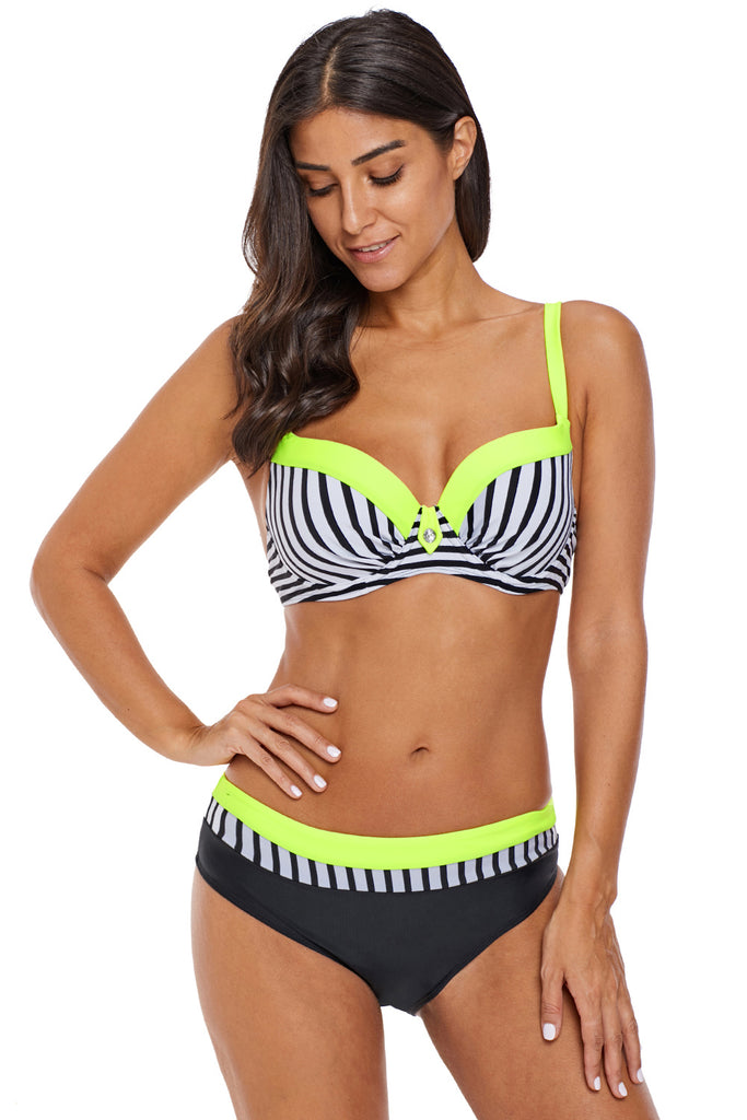 Neon Yellow Trim Zebra Striped 2pcs Bikini Swimsuit