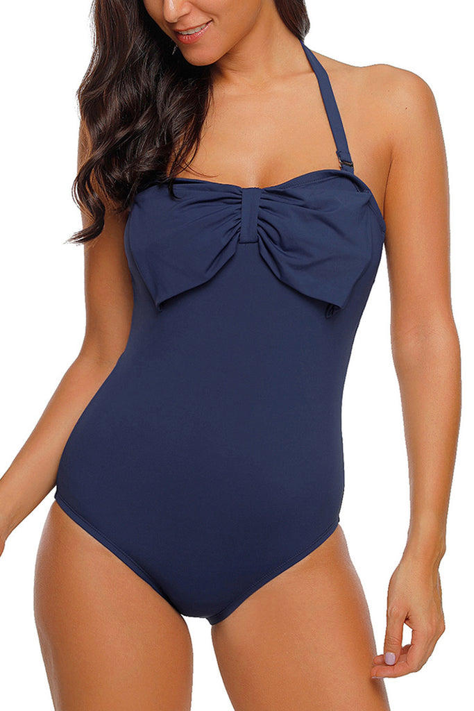 Navy Blue Big Bow Front Halter Maillot Swimsuit