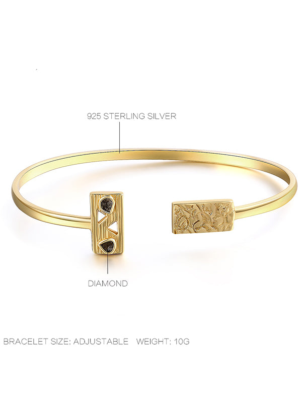 S925 Silver Diamond Insert Open Bracelet