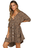 Leopard Print V Neck Button Half Sleeves Swing Dress