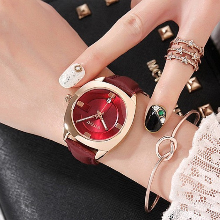 Women's Watch coffee color oval calendar dial leather strap quartz simple watch