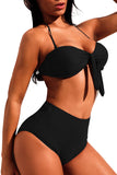 Black Tie-front Halter Bikini High Waist Swimsuit