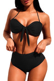 Black Tie-front Halter Bikini High Waist Swimsuit