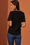 Black Short Sleeve Button Detail Loose Fitting Chiffon Blouse