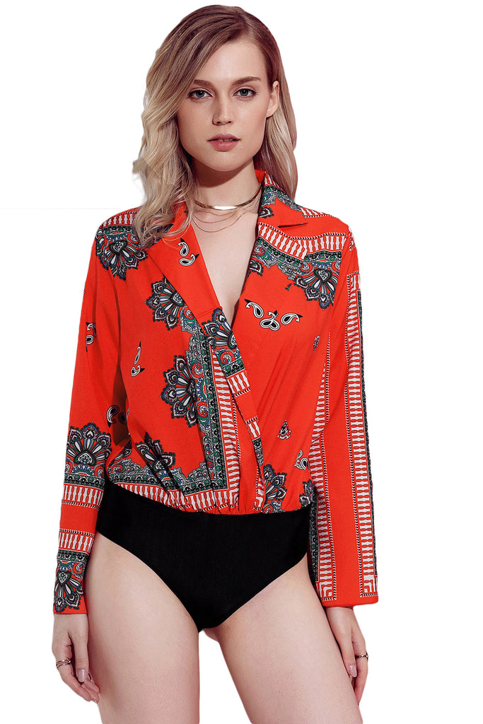Red Printed Flare Long Sleeve Wrap Bodysuit