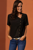 Black Short Sleeve Button Detail Loose Fitting Chiffon Blouse