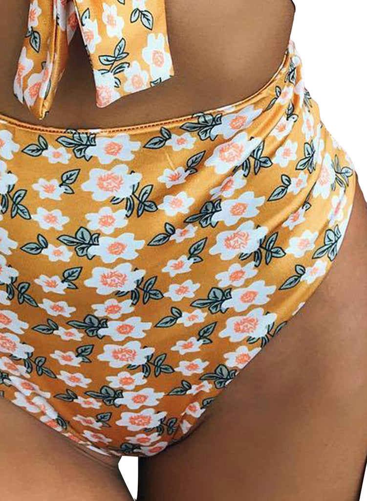 Yellow Flowery Cutout Tie Front Maillot Swimsuit