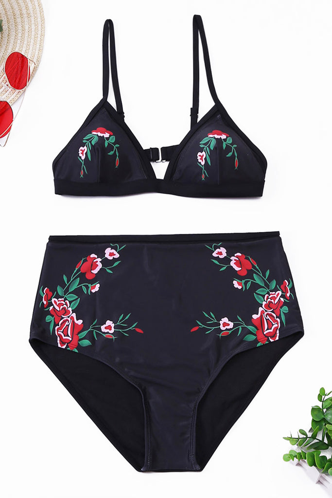 Black Embroidered Two Piece High Waisted Swimsuit