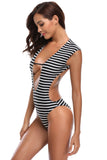 Black White Striped Cutout Back Monokini