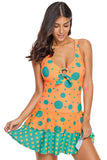 Orange Blue Polka Dot Print One-piece Swim Dress