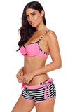 Pink Wrinkled Bra Striped Bikini Bottom Swimsuit