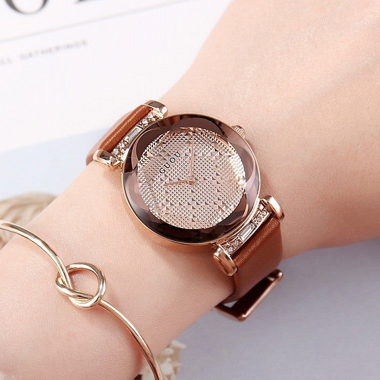 Stereoscopic Dial Leather Strap Women's Watch