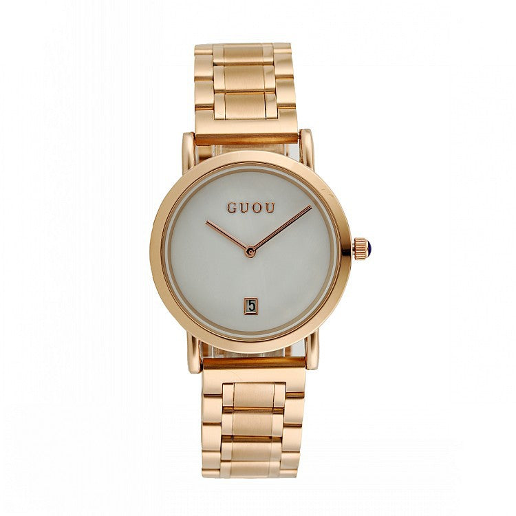 Women's Watch white round ultra-thin With Calendar dial gold stainless steel strap simple watch