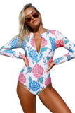 Pink Blue Peony Long Sleeve Zip Front One Piece Swimsuit