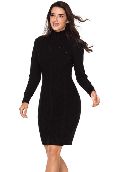 Cable Knit High Neck Sweater Dress