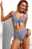 Grey White Striped Cutout Tie Front Beach Maillot