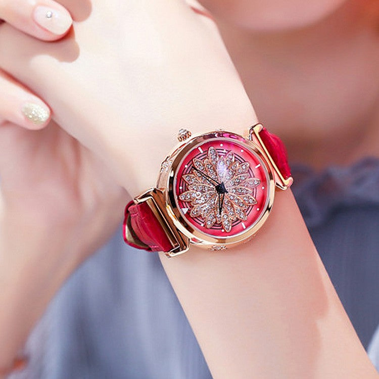 Women's Watch Rotatable Flower shape diamond Dial Leather Strap elegant watch