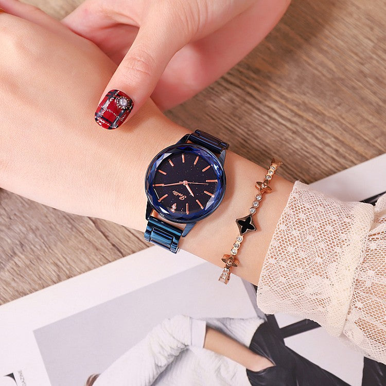 Women's Watch diamond blue starry pattern dial with scale stainless steel strap elegant watch
