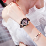 Women's Watch diamond flower petal pattern large dial leather quartz elegant watch