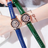Women's Watch diamond flower petal pattern large dial leather quartz elegant watch