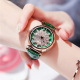 Women's Watch Rotatable Flower shape diamond Dial Leather Strap elegant watch