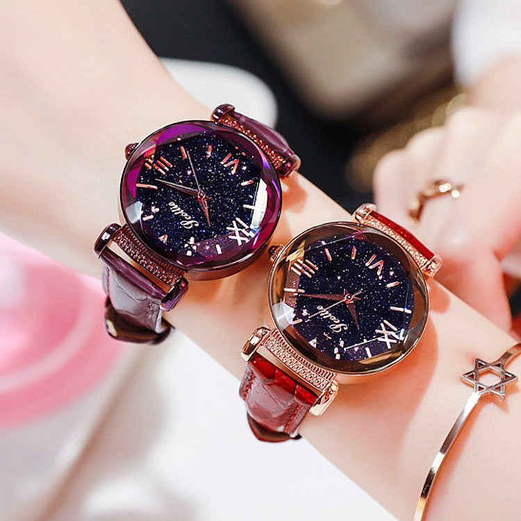 Women's Watch diamond black starry sky dial leather strap elegant watch