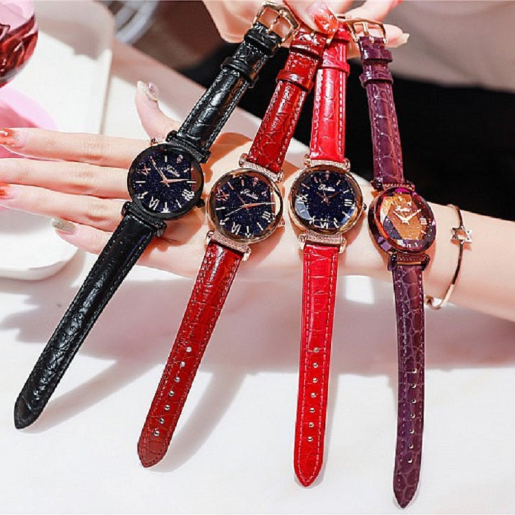 Women's Watch diamond black starry sky dial leather strap elegant watch