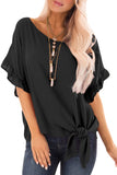 Black Ruffled Sleeve Blouse with Front Knot Detail