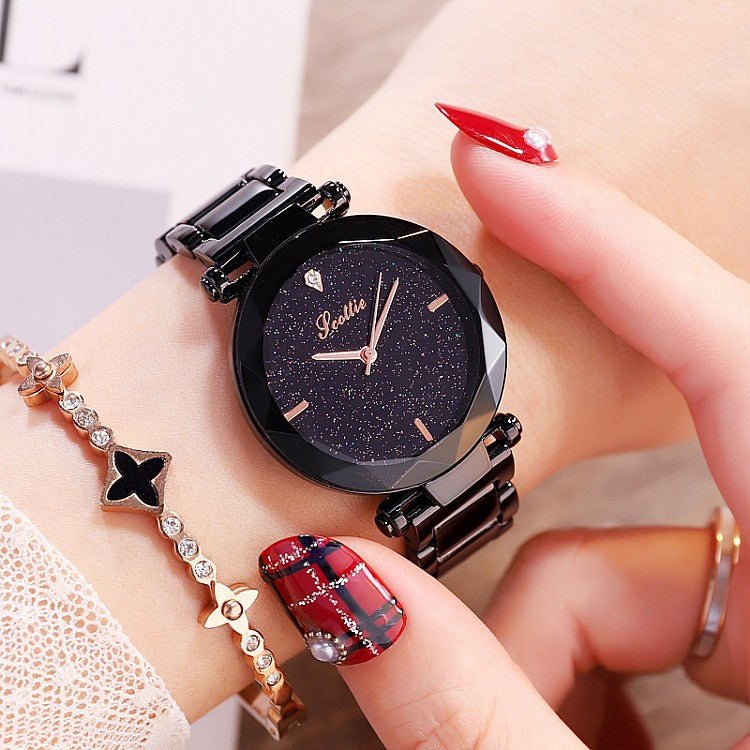 Women's Watch diamond black starry sky dial stainless steel strap elegant watch