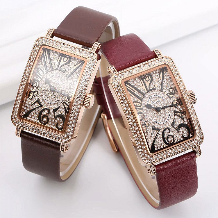 Women's Watch Rectangular full drill dial Numberals Scale Waterproof leather strap elegant watch