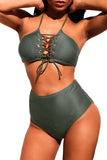 Dark Olive Lace-up Detail Ribbed High Waist Swimsuit