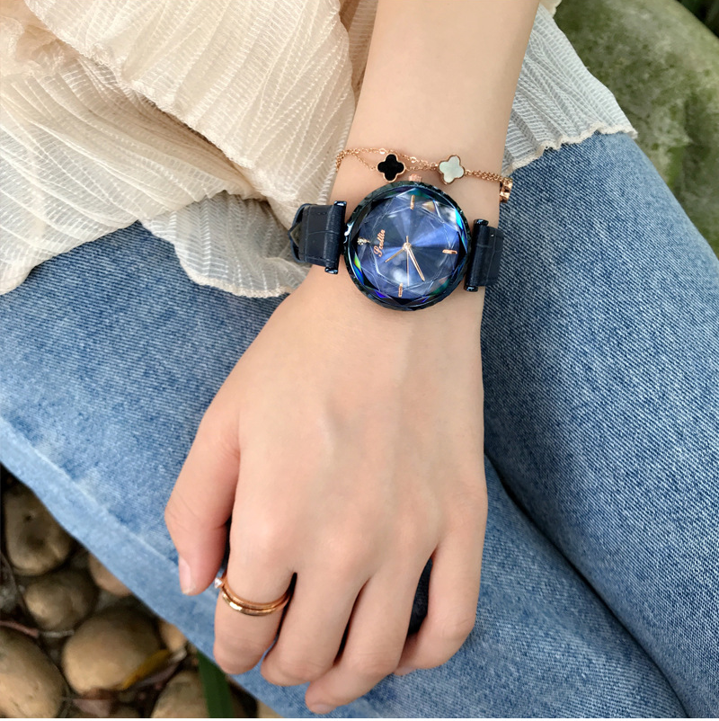 Women's Watch Blue Diamond Large Dial Casual Leather Strap Women's clothing  watch