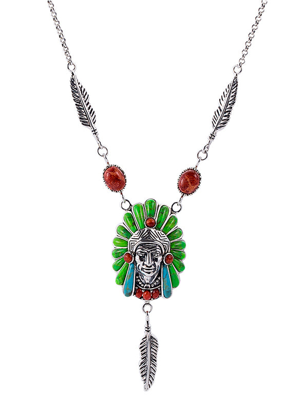 Men's Head Pattern Green Turquoise Necklace