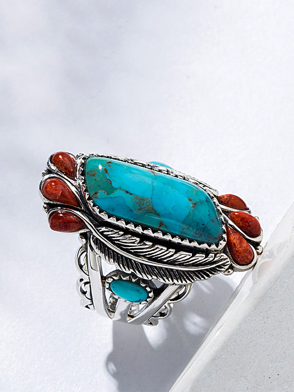 Natural Blue Turquoise&Red Coral Ring