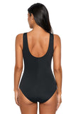 Solid Black Patchwork Mesh Ruched Front Maillot