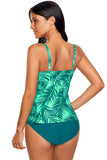 Green Tropical Leaf Print 2pcs Tankini Swimsuit