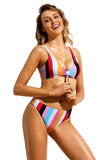 Multicolor Striped Tie Front Detail Bikini Swimsuit